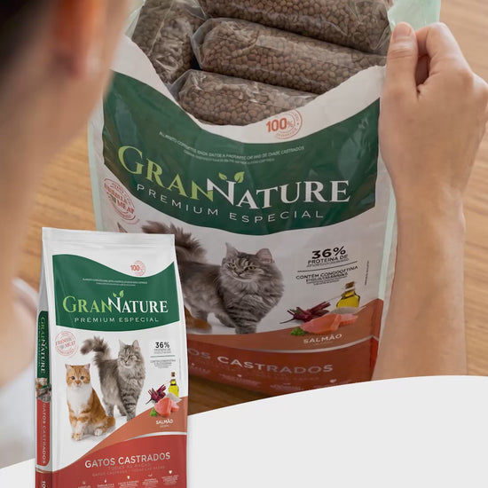 Vídeo Ração Grannature Gatos Castrados Salmão