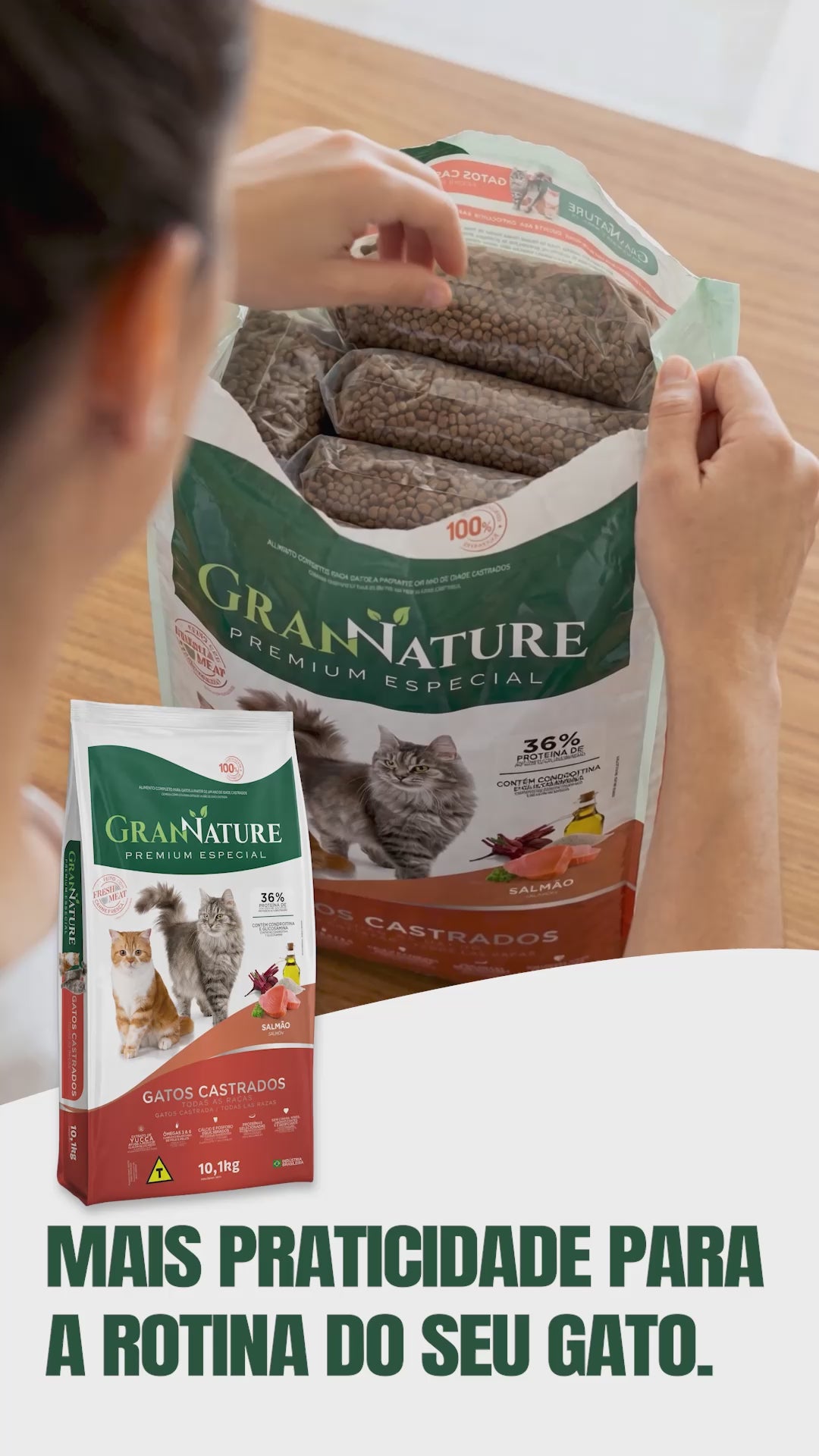 Vídeo Ração Grannature Gatos Castrados Salmão