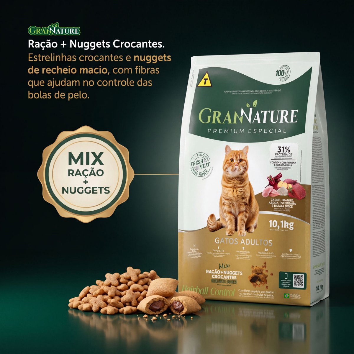 Ração Grannature Gatos Adultos Mix com Nuggets